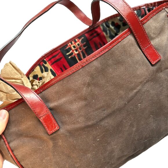 burberry brown distressed cotton canvas red leather ethnic print lined t… - Picture 6 of 8